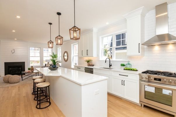 Fireplace, Interior, Kitchen, Pendant Lights, Recessed Lighting, Stainless Steel Appliances, Wood Texture Flooring