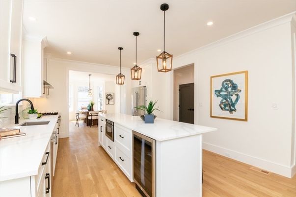 Interior, Kitchen, Pendant Lights, Recessed Lighting, Stainless Steel Appliances, Wood Texture Flooring