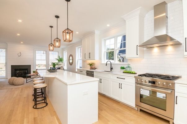 Fireplace, Interior, Kitchen, Pendant Lights, Recessed Lighting, Stainless Steel Appliances, Wood Texture Flooring
