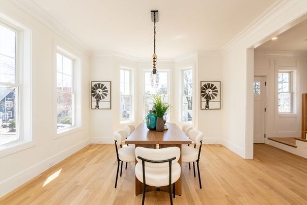 Dining room, Interior, Pendant Lights, Wood Texture Flooring