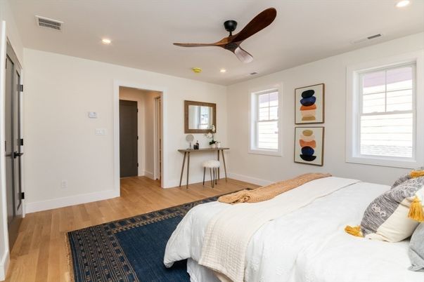 Bedroom, Interior, Recessed Lighting, Wood Texture Flooring