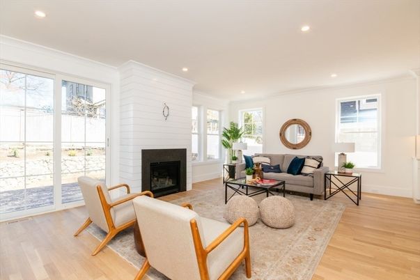 Fireplace, Interior, Living room, Recessed Lighting, Wood Texture Flooring