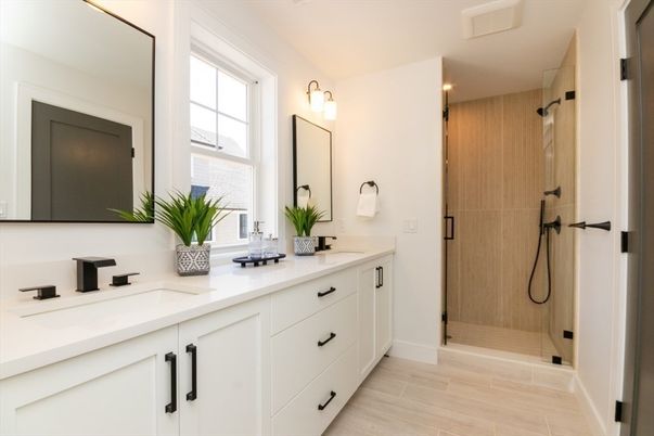 Bathroom, Dual Sink Vanities, Glass Shower, Interior, Wood Texture Flooring