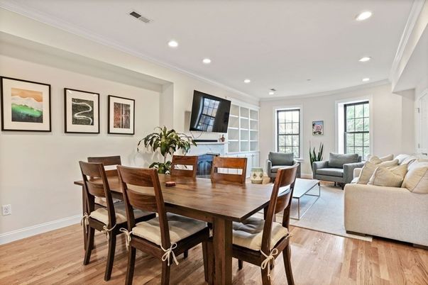 Dining room, Interior, Living room, Recessed Lighting, Wood Texture Flooring