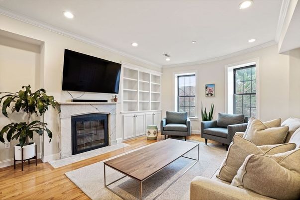 Fireplace, Interior, Living room, Recessed Lighting, Wood Texture Flooring