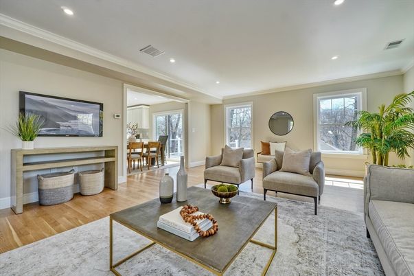 Dining room, Interior, Living room, Recessed Lighting, Wood Texture Flooring