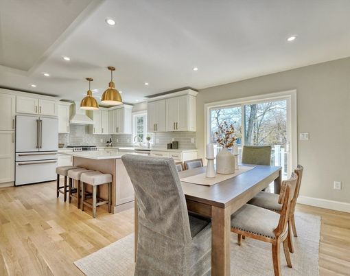 Dining room, Interior, Kitchen, Pendant Lights, Recessed Lighting, Stainless Steel Appliances, Wood Texture Flooring