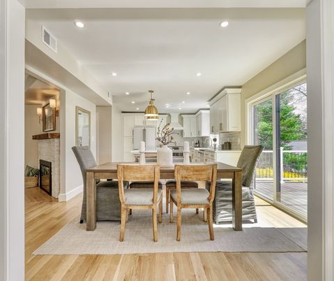 Dining room, Fireplace, Interior, Kitchen, Pendant Lights, Recessed Lighting, Wood Texture Flooring