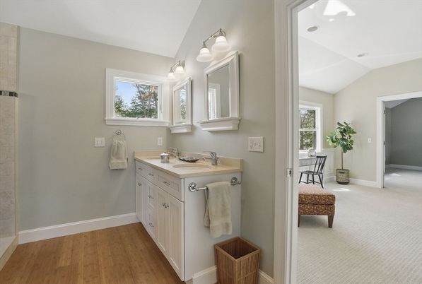 Bathroom, Dual Sink Vanities, Interior, Recessed Lighting, Wood Texture Flooring