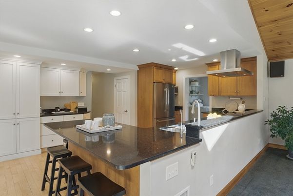 Interior, Kitchen, Recessed Lighting, Stainless Steel Appliances, Wooden Ceilings, Wood Texture Flooring