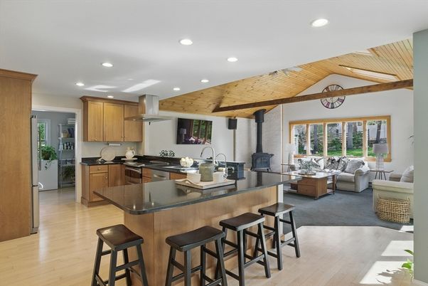 Interior, Kitchen, Living room, Recessed Lighting, Stainless Steel Appliances, Wooden Beams, Wooden Ceilings, Wood Texture Flooring