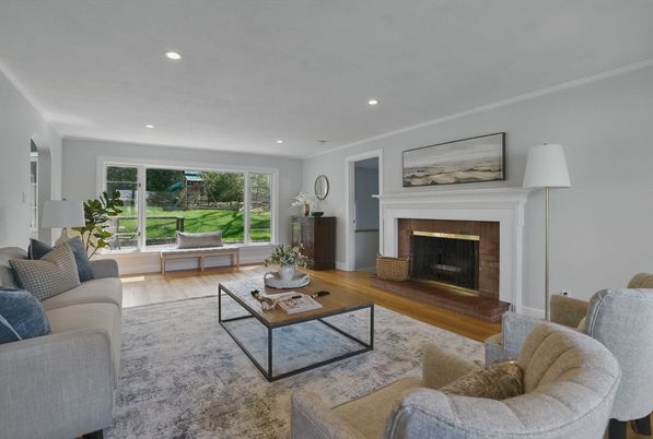 Fireplace, Interior, Living room, Recessed Lighting, Wood Texture Flooring