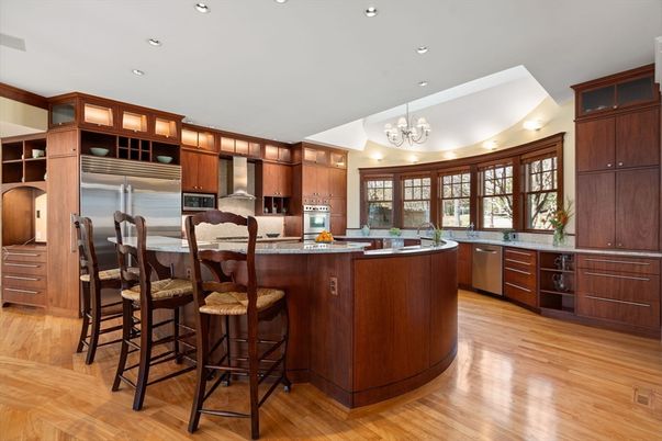 Chandelier, Interior, Kitchen, Recessed Lighting, Stainless Steel Appliances, Wood Texture Flooring