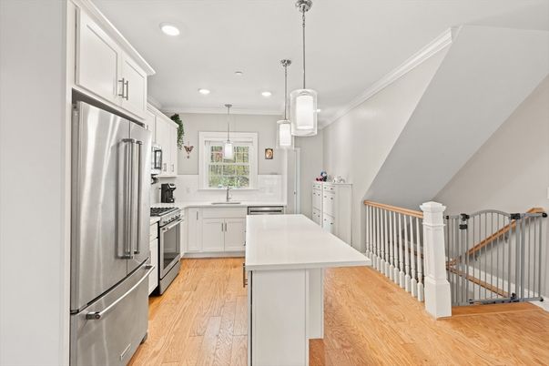 Interior, Kitchen, Pendant Lights, Recessed Lighting, Stainless Steel Appliances, Wood Texture Flooring