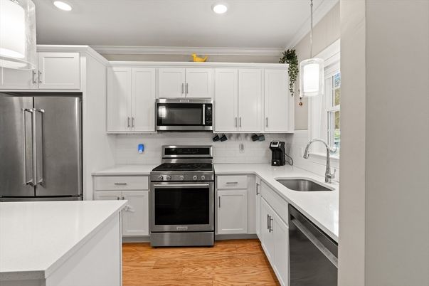Interior, Kitchen, Pendant Lights, Recessed Lighting, Stainless Steel Appliances, Wood Texture Flooring
