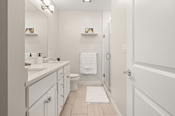 Bathroom, Dual Sink Vanities, Glass Shower, Interior, Recessed Lighting