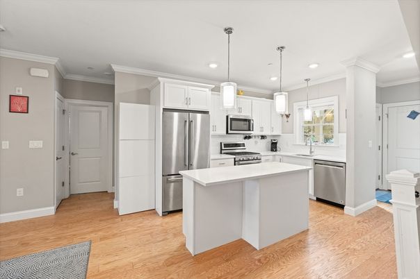 Interior, Kitchen, Pendant Lights, Recessed Lighting, Stainless Steel Appliances, Wood Texture Flooring