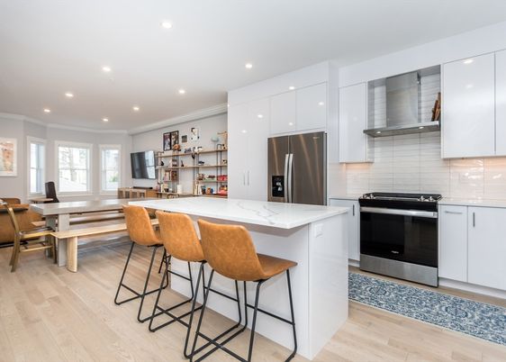 Dining room, Interior, Kitchen, Recessed Lighting, Stainless Steel Appliances, Wood Texture Flooring