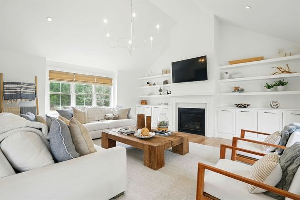 Chandelier, Fireplace, Interior, Living room, Recessed Lighting, Wood Texture Flooring