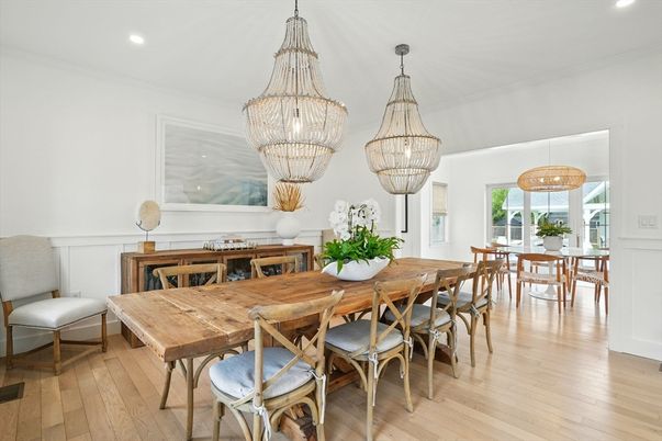 Chandelier, Dining room, Interior, Pendant Lights, Recessed Lighting, Wood Texture Flooring