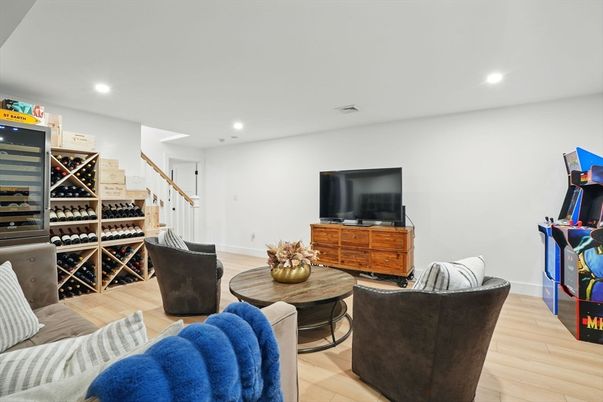 Interior, Living room, Recessed Lighting, Wine Storage, Wood Texture Flooring