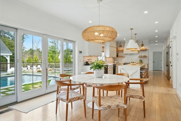 Dining room, Interior, Kitchen, Pendant Lights, Recessed Lighting, Stainless Steel Appliances, Wood Texture Flooring