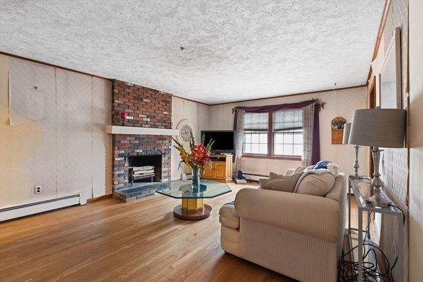 Fireplace, Interior, Living room, Stone Walls, Wood Texture Flooring
