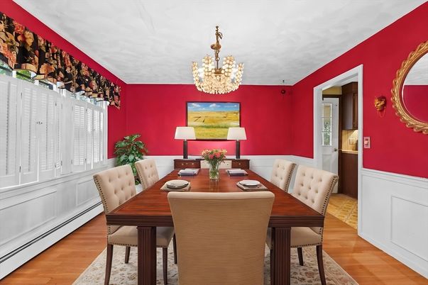 Chandelier, Dining room, Interior, Wood Texture Flooring