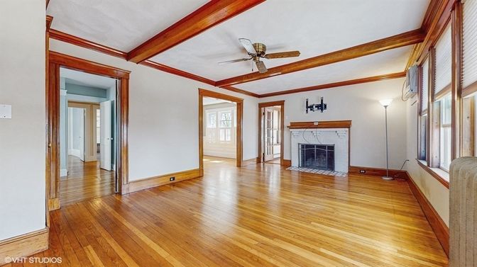 Empty room, Fireplace, Interior, Wooden Beams, Wood Texture Flooring