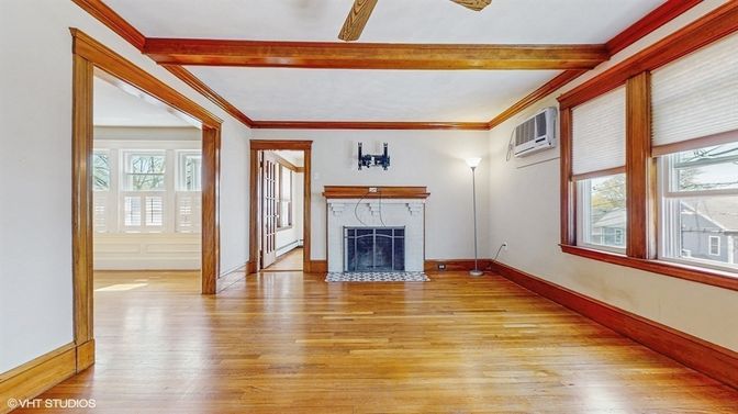 Empty room, Fireplace, Interior, Wooden Beams, Wood Texture Flooring