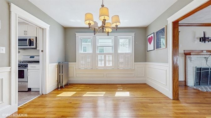 Chandelier, Fireplace, Interior, Kitchen, Wood Texture Flooring