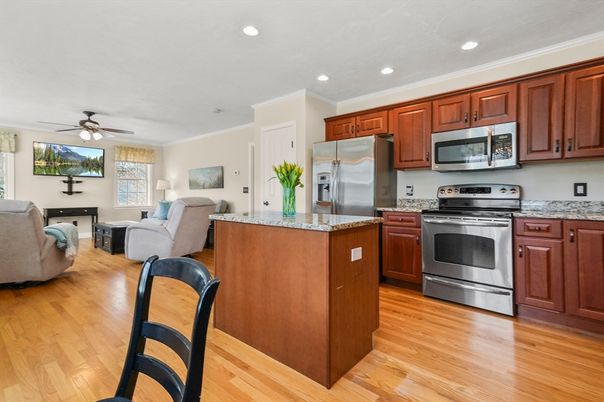 Interior, Kitchen, Living room, Recessed Lighting, Stainless Steel Appliances, Wood Texture Flooring