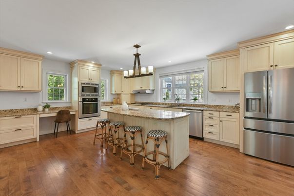 Chandelier, Interior, Kitchen, Recessed Lighting, Stainless Steel Appliances, Wood Texture Flooring