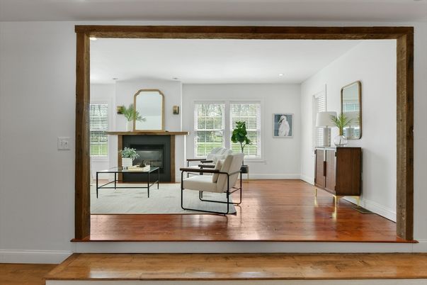 Fireplace, Interior, Living room, Recessed Lighting, Wood Texture Flooring