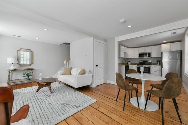 Dining room, Interior, Kitchen, Recessed Lighting, Stainless Steel Appliances, Wood Texture Flooring