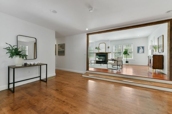 Fireplace, Interior, Recessed Lighting, Wood Texture Flooring