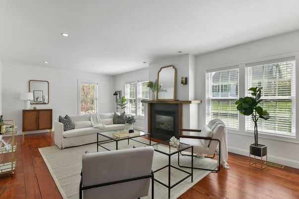 Fireplace, Interior, Living room, Recessed Lighting, Wood Texture Flooring