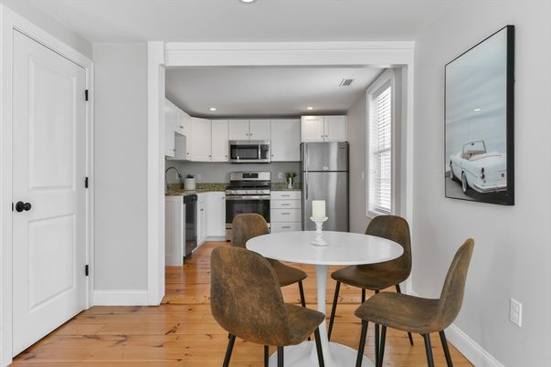 Dining room, Interior, Kitchen, Recessed Lighting, Stainless Steel Appliances, Wood Texture Flooring