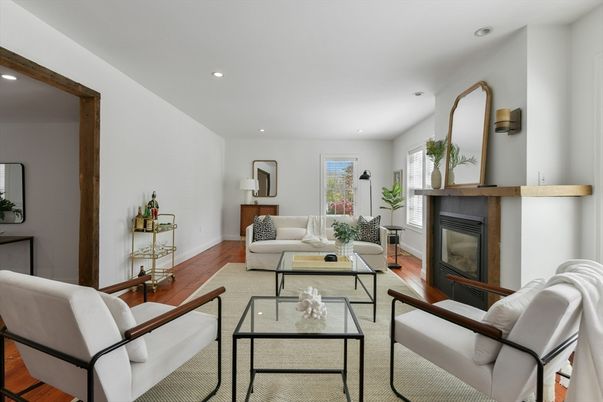 Fireplace, Interior, Living room, Recessed Lighting, Wood Texture Flooring