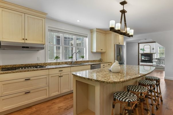 Chandelier, Interior, Kitchen, Recessed Lighting, Stainless Steel Appliances, Wood Texture Flooring