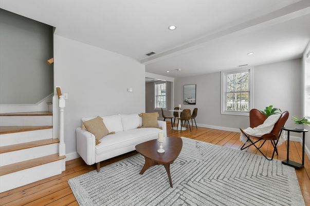 Dining room, Interior, Living room, Recessed Lighting, Wood Texture Flooring