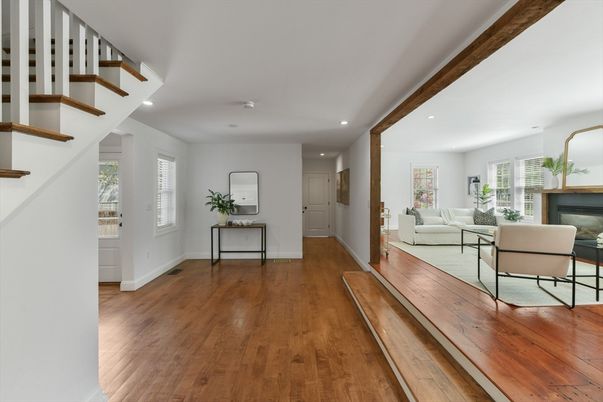 Fireplace, Interior, Living room, Recessed Lighting, Wood Texture Flooring