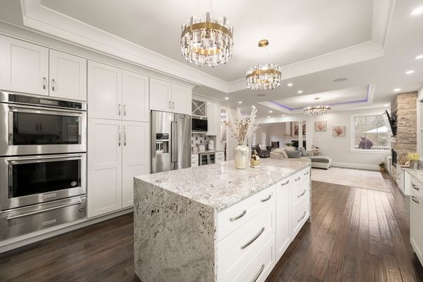 Chandelier, Interior, Kitchen, Living room, Recessed Lighting, Stainless Steel Appliances, Wood Texture Flooring