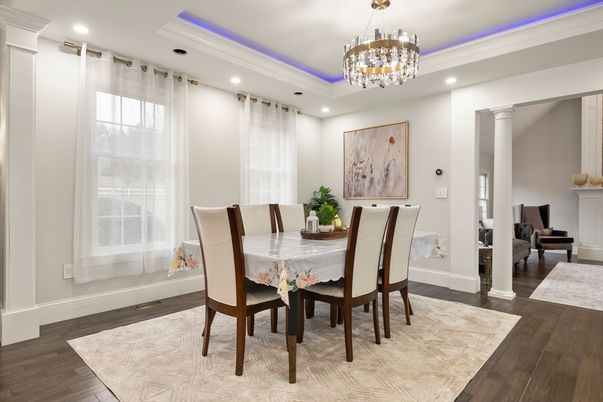 Chandelier, Dining room, Interior, Recessed Lighting, Wood Texture Flooring