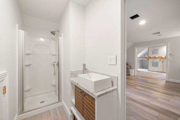 Bathroom, Glass Shower, Interior, Recessed Lighting, Wood Texture Flooring