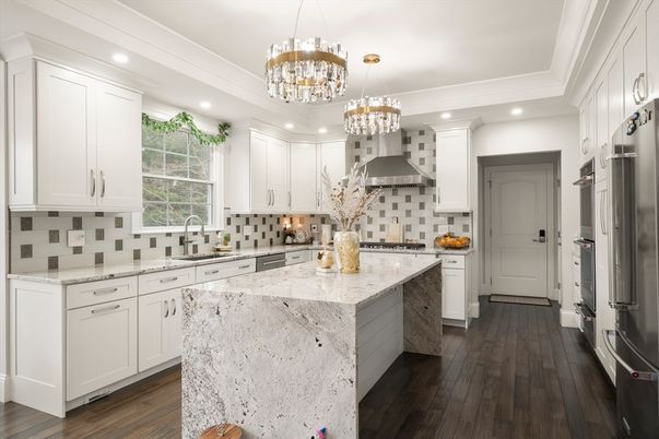 Chandelier, Interior, Kitchen, Pendant Lights, Recessed Lighting, Stainless Steel Appliances, Wood Texture Flooring