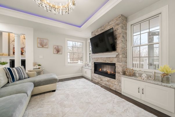 Fireplace, Interior, Living room, Stone Walls, Wood Texture Flooring