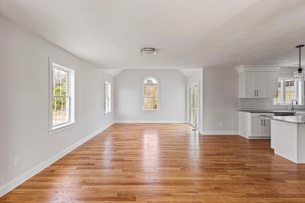 Empty room, Interior, Kitchen, Pendant Lights, Wood Texture Flooring
