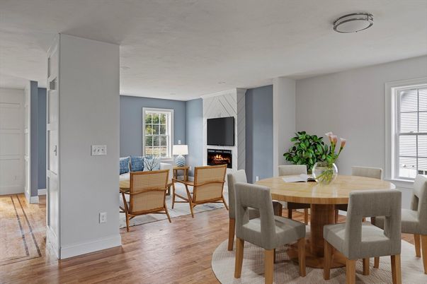 Dining room, Fireplace, Interior, Living room, Wood Texture Flooring