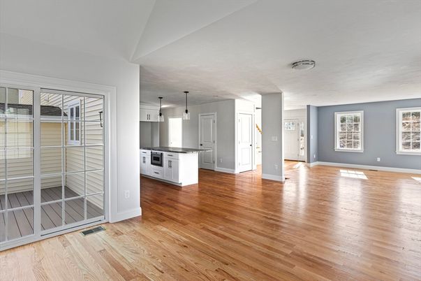 Empty room, Interior, Kitchen, Pendant Lights, Wood Texture Flooring